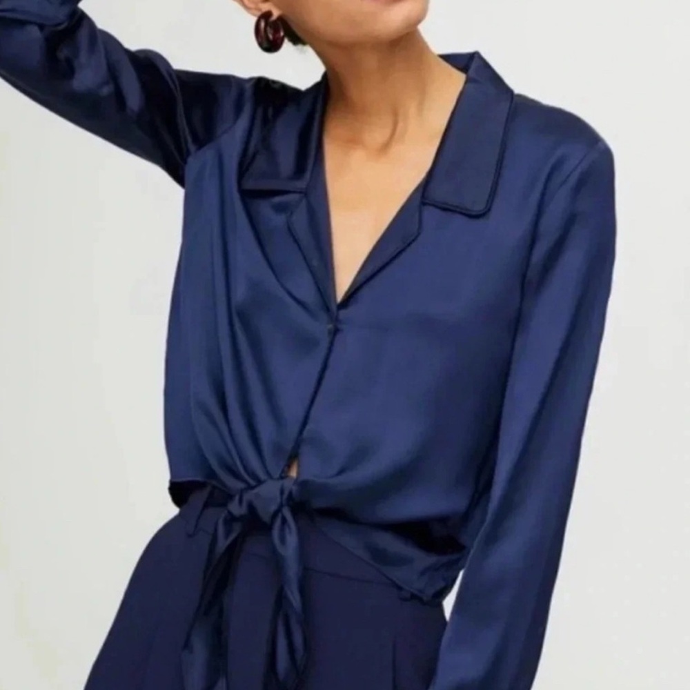 Wilfred Navy Blue Satin Tie Blouse by Aritizia